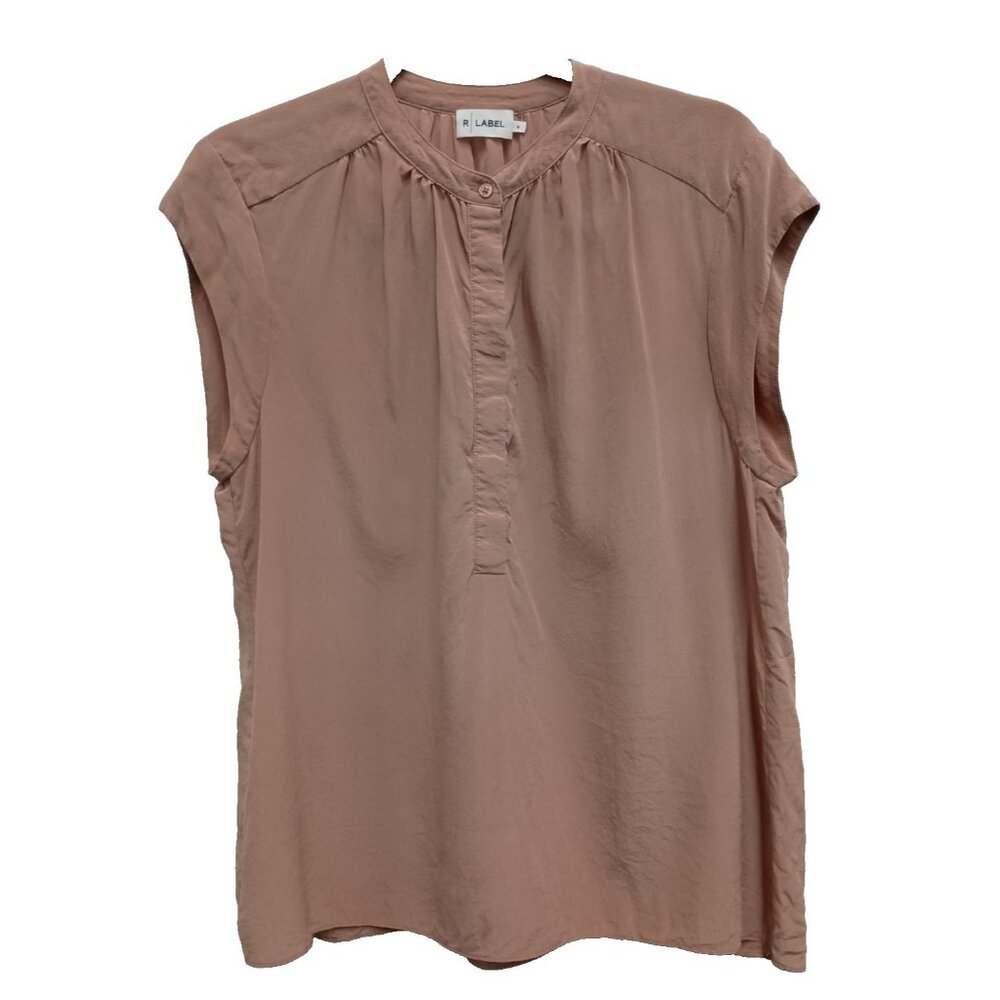 R Label Womens Top Size Small Beige Silk Henley Short Sleeve‎ Neutral Minimalist